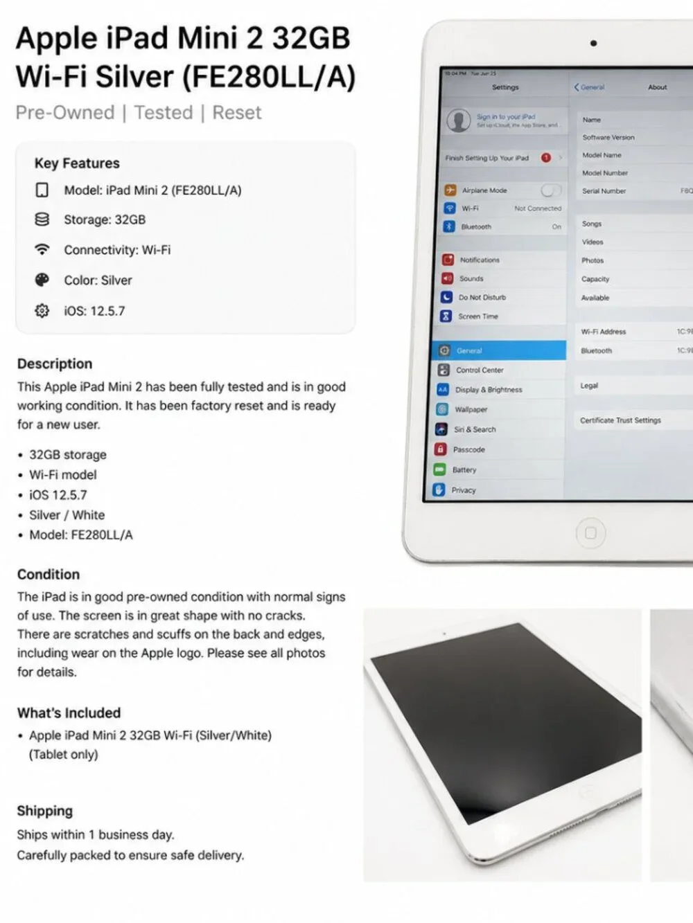 Apple iPad Mini 2 32GB Wi-Fi Silver White A1489 iOS 12.5.7 - #55